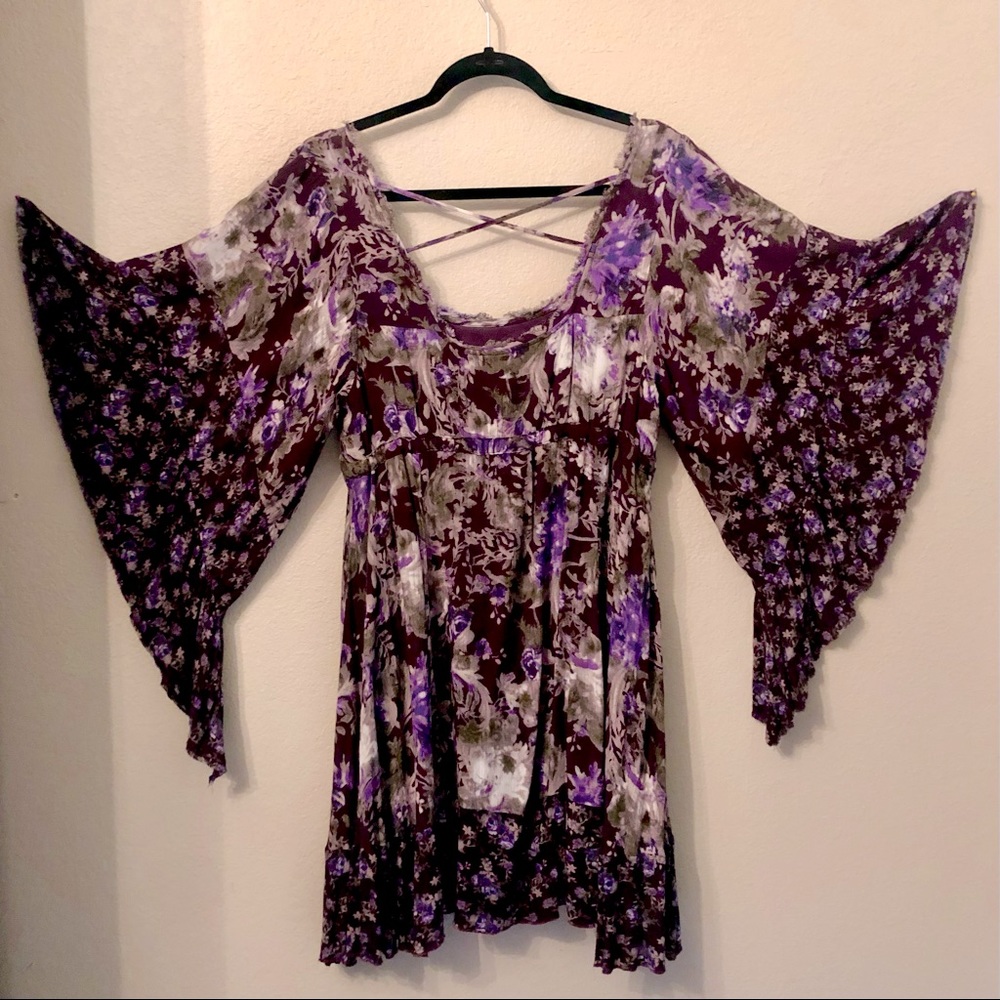 Free People Boho Floral Dress Tunic, Fairy Sleeves Size M Medium